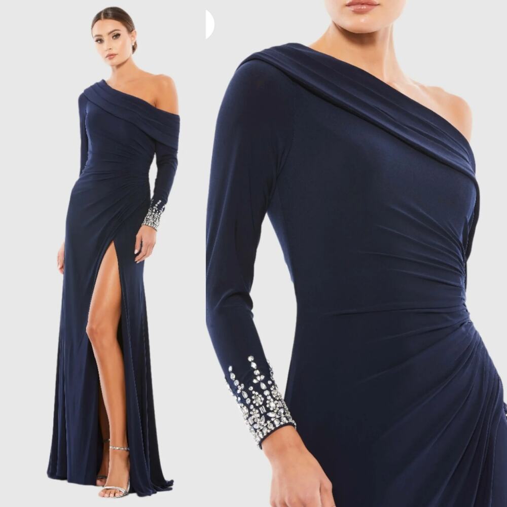 Mac Duggal 12231 Midnight Navy Off Shoulder Embellished Cuff Formal Gown Dress 6